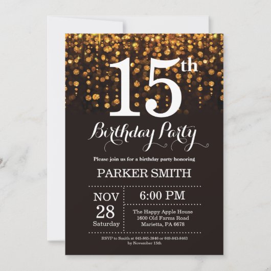 15e verjaardag uitnodiging Gold Glitter (Voorkant)