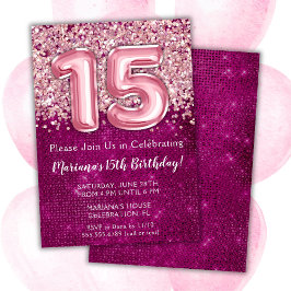 15e verjaardag uitnodiging magenta roze glitter