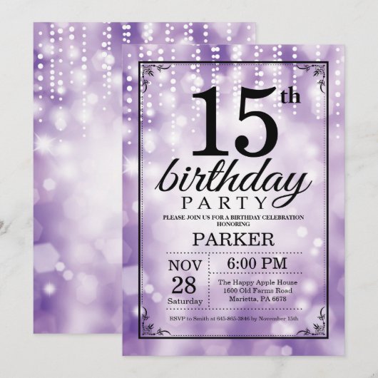 15e verjaardag Uitnodiging Paars Glitter (Voorkant / Achterkant)