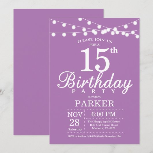15e verjaardag Uitnodiging Paars Lavender Lila (Voorkant / Achterkant)