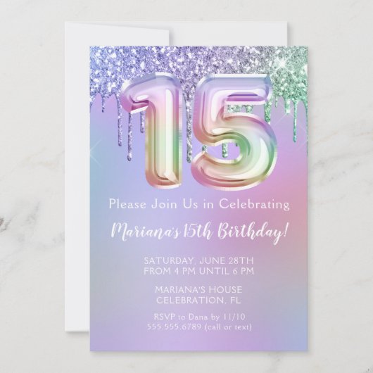 15e verjaardag Uitnodiging Paarse roze glitter (Voorkant)