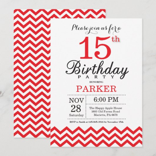 15e verjaardag uitnodiging rode Chevron (Voorkant / Achterkant)
