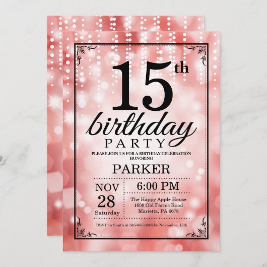 15e verjaardag Uitnodiging rood glitter (Voorkant / Achterkant)