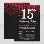 15e verjaardag Uitnodiging rood glitter (Voorkant / Achterkant)