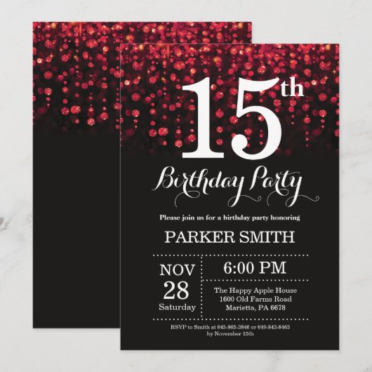 15e verjaardag Uitnodiging rood glitter (Voorkant / Achterkant)