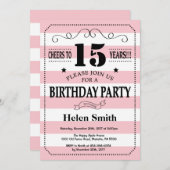 15e verjaardag uitnodiging roze en witte strepen (Voorkant / Achterkant)