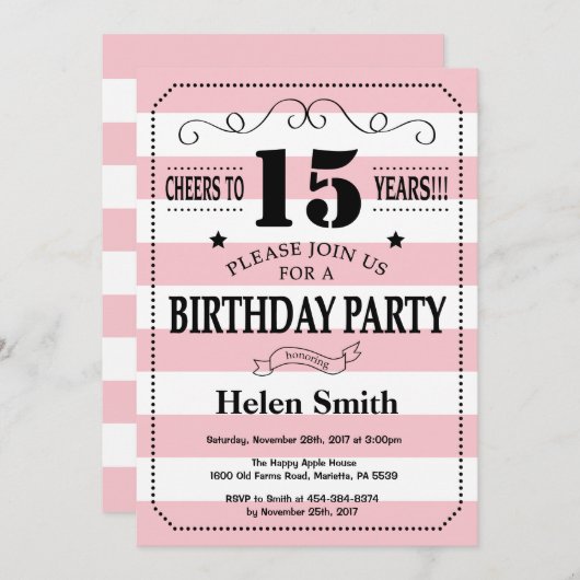 15e verjaardag uitnodiging roze en witte strepen (Voorkant / Achterkant)