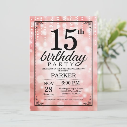 15e verjaardag uitnodiging roze glitter (Staand voorkant)