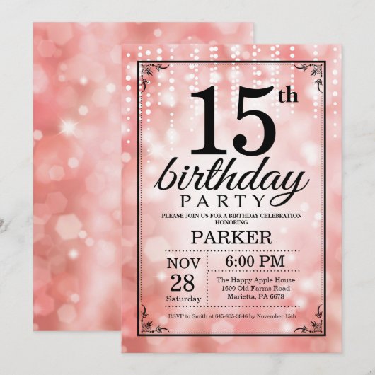 15e verjaardag uitnodiging roze glitter (Voorkant / Achterkant)