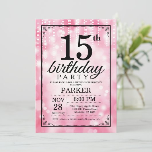 15e verjaardag uitnodiging roze glitter (Staand voorkant)