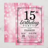 15e verjaardag uitnodiging roze glitter (Voorkant / Achterkant)