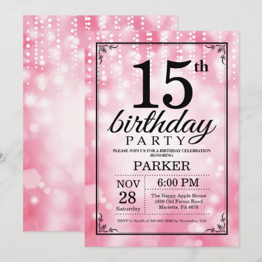 15e verjaardag uitnodiging roze glitter (Voorkant / Achterkant)