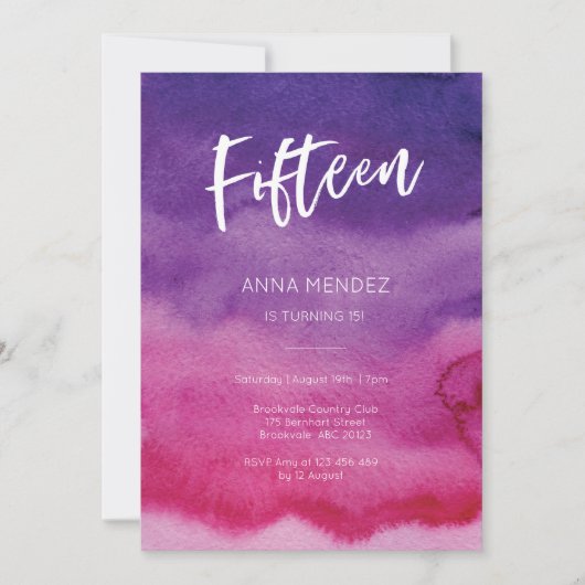 15e Verjaardag Uitnodiging Roze Paarse Waterverf (Voorkant)
