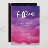 15e Verjaardag Uitnodiging Roze Paarse Waterverf (Voorkant / Achterkant)