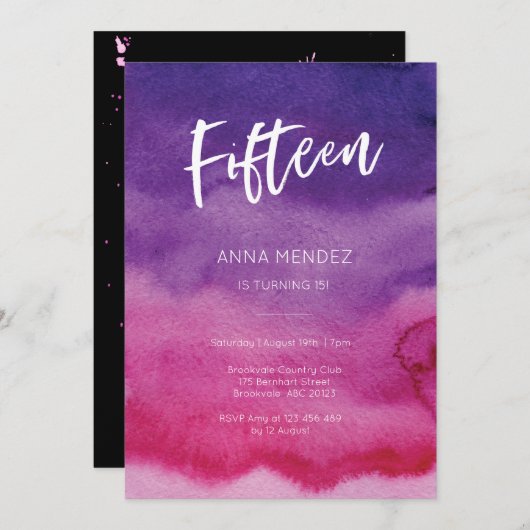15e Verjaardag Uitnodiging Roze Paarse Waterverf (Voorkant / Achterkant)