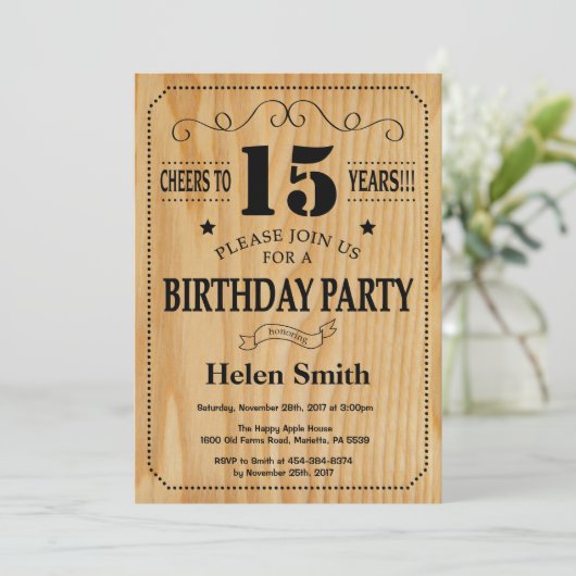15e verjaardag Uitnodiging Rustic Wood (Staand voorkant)
