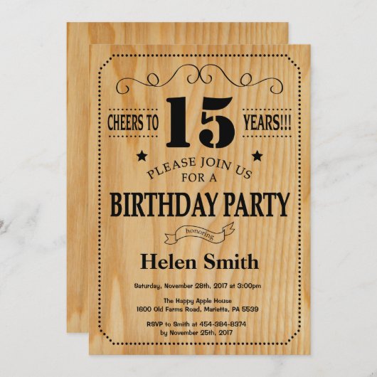 15e verjaardag Uitnodiging Rustic Wood (Voorkant / Achterkant)