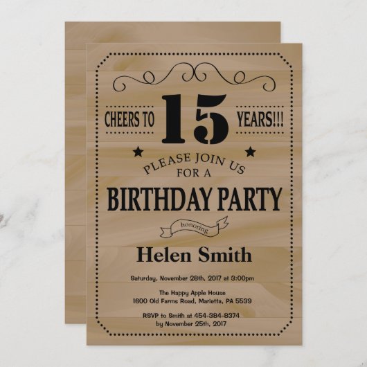 15e verjaardag Uitnodiging Rustic Wood (Voorkant / Achterkant)