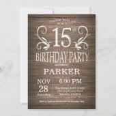 15e Verjaardag Uitnodiging Rustiek Hout Bloemen (Voorkant)