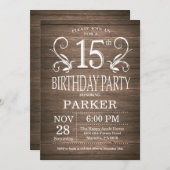 15e Verjaardag Uitnodiging Rustiek Hout Bloemen (Voorkant / Achterkant)