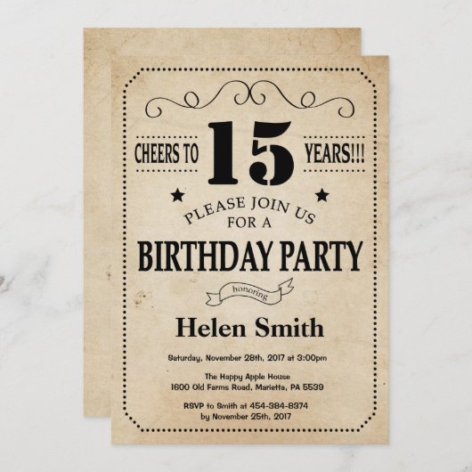15e Verjaardag Uitnodiging Rustieke Retro (Voorkant / Achterkant)