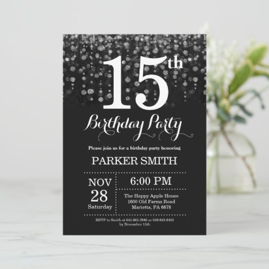 15e verjaardag uitnodiging Silver Glitter (Staand voorkant)