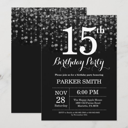 15e verjaardag uitnodiging Silver Glitter (Voorkant / Achterkant)