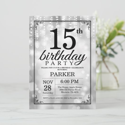 15e verjaardag uitnodiging Silver Glitter (Staand voorkant)