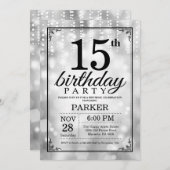 15e verjaardag uitnodiging Silver Glitter (Voorkant / Achterkant)