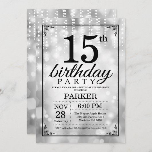 15e verjaardag uitnodiging Silver Glitter (Voorkant / Achterkant)