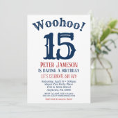 15e verjaardag uitnodiging Teen Boy Navy Blue (Staand voorkant)