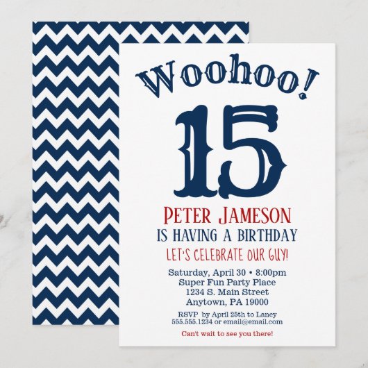 15e verjaardag uitnodiging Teen Boy Navy Blue (Voorkant / Achterkant)