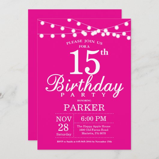 15e verjaardag uitnodiging warm roze (Voorkant / Achterkant)