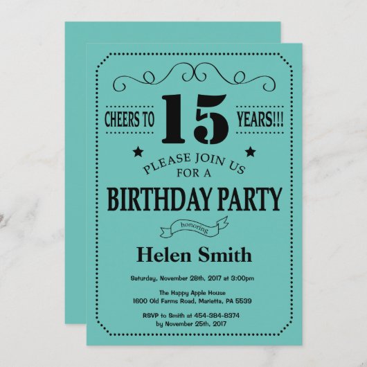 15e verjaardag Uitnodiging zwart en Blauwgroen (Voorkant / Achterkant)