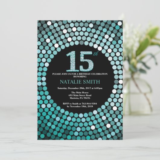 15e Verjaardag Uitnodiging Zwart en Blauwgroen Gli (Staand voorkant)