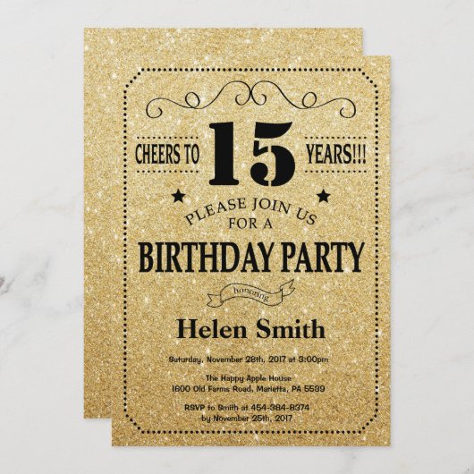15e verjaardag uitnodiging zwart en goud glitter (Voorkant / Achterkant)