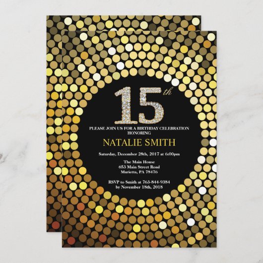 15e verjaardag Uitnodiging zwart en gouden glitter (Voorkant / Achterkant)