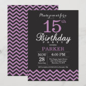 15e verjaardag uitnodiging zwart en Paarse (Voorkant / Achterkant)