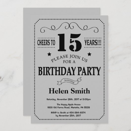 15e verjaardag uitnodiging zwart en zilver grijs (Voorkant / Achterkant)