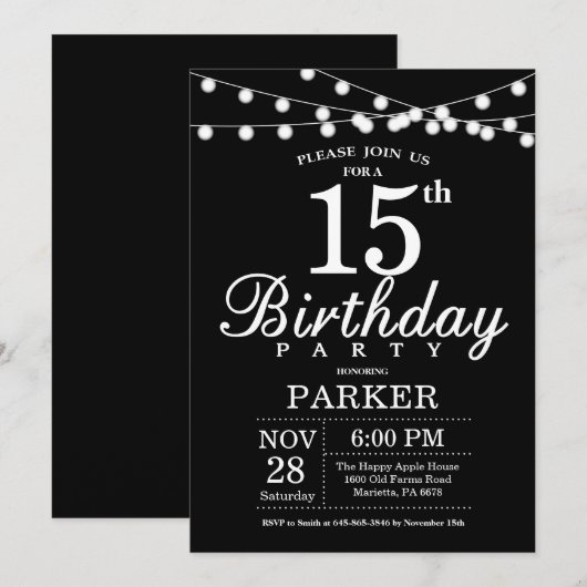 15e verjaardag Uitnodiging zwart-wit (Voorkant / Achterkant)