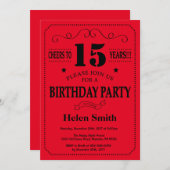 15e verjaardag Uitnodiging zwart-wit en rood (Voorkant / Achterkant)