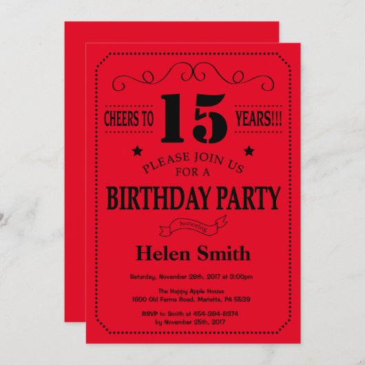 15e verjaardag Uitnodiging zwart-wit en rood (Voorkant / Achterkant)