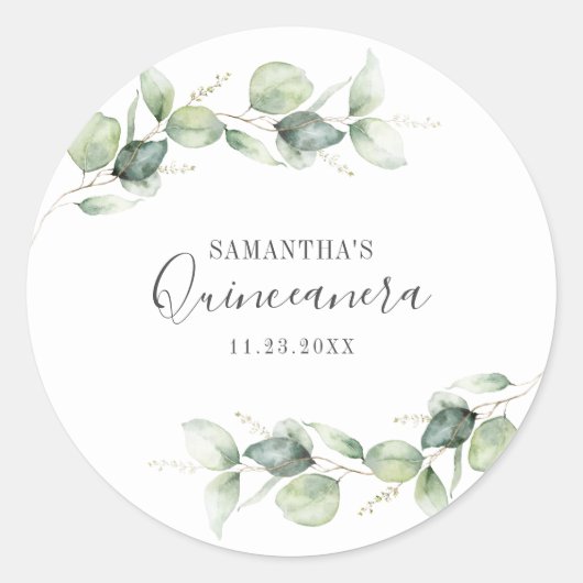 15e verjaardag van de Eucalyptus Greenery Quincean Ronde Sticker (Voorkant)