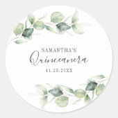 15e verjaardag van de Eucalyptus Greenery Quincean Ronde Sticker (Voorkant)