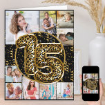 15e verjaardag van de Leopard-pagina Gold-ballonne Kaart<br><div class="desc">Aangepaste 15e verjaardagskaart met 9 aangepaste foto's en trendy folie ballonnen met bladzijdeafdrukken in zwart-wit en goud. De sjabloon is klaar voor u om 9 van uw favoriete foto's te uploaden die in een fotocollage in vierkante en portretformaten worden getoond. Uw afbeeldingen omringen de ballonnen voor dierlijke afdruk, die zijn...</div>