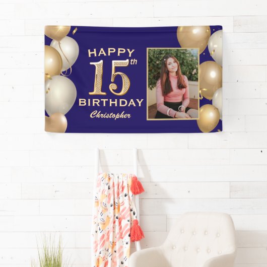 15e verjaardag van de marineblauw en goudballonnen spandoek (Insitu)