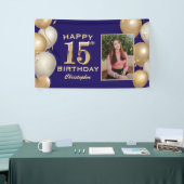 15e verjaardag van de marineblauw en goudballonnen spandoek (Beurs)