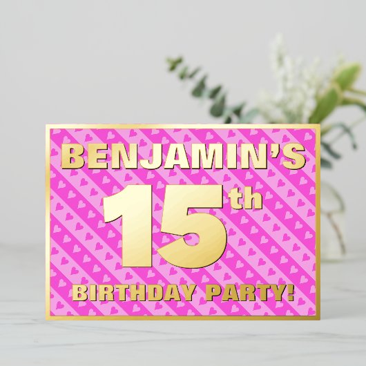 15e verjaardag van de opstand - vuurroze harten en folie uitnodiging (Staand Voorkant)