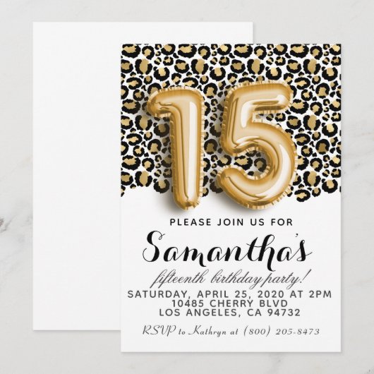 15e verjaardag van Leopard Animal Print Invitation Kaart (Voorkant / Achterkant)