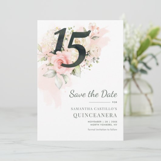 15e verjaardag van Quinceanera Rustic Floral Save The Date (Staand voorkant)